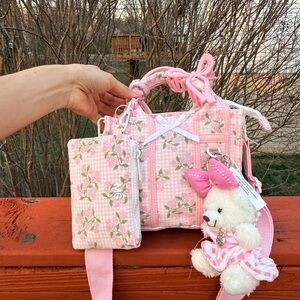 Steve Madden Pink Floral Quilted Handbag with Bear Charm